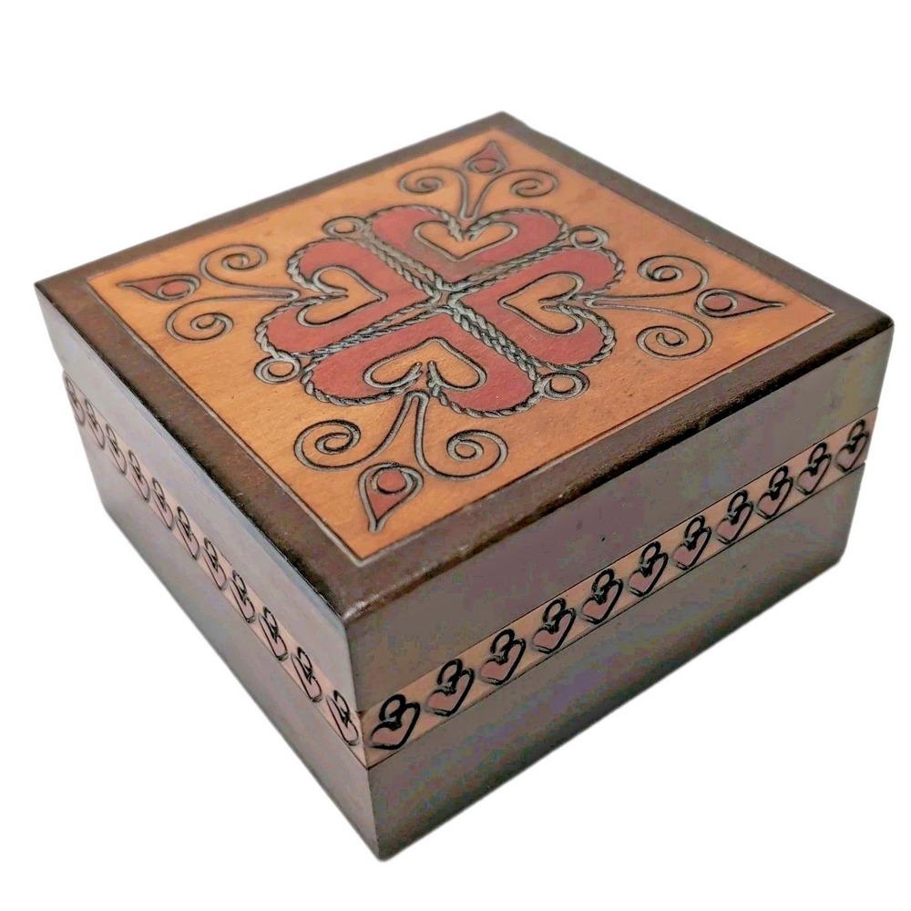 Vintage Polish Hand Carved Wood Trinket Box Hearts Clover Folk Art Tatra Poland